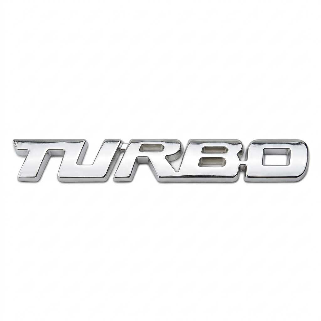Sticker Badge 3D TURBO Chromé Argenté – Emblème Lettres Relief Autocollant Turbo Voiture Moto – Badge Tuning Racing