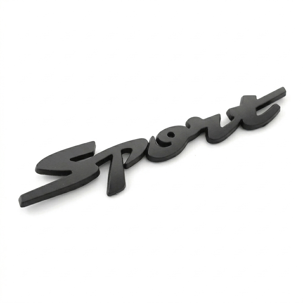 Sticker Badge 3D Sport Cursive Noir Mat – Emblème Écriture Script Relief Autocollant Sport Voiture Moto – Badge Tuning
