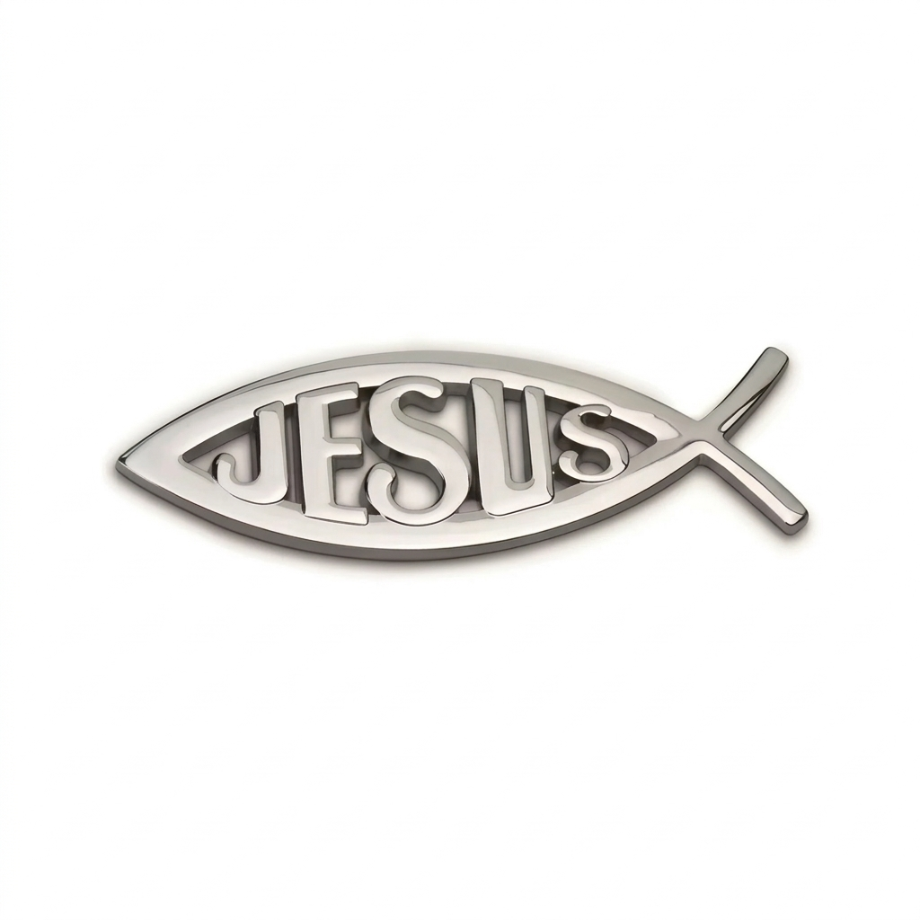 Sticker Badge 3D Poisson Jesus Chromé – Emblème Ichthus Relief Autocollant Chrétien Voiture Moto – Badge Religieux