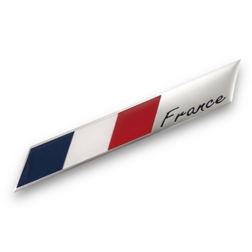 Sticker Autocollant France Drapeau Losange – Badge Aluminium Écriture Cursive Bleu Blanc Rouge – Sticker Voiture Moto